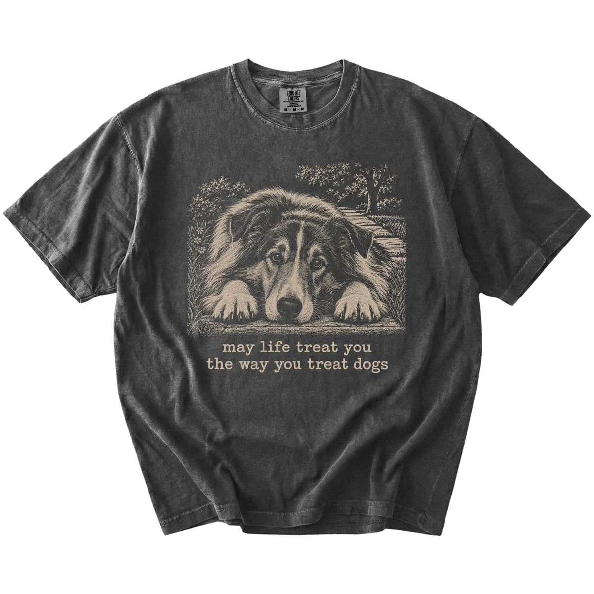 Collie Karma Comfort Colors T-shirt in Pepper — Flat Lay