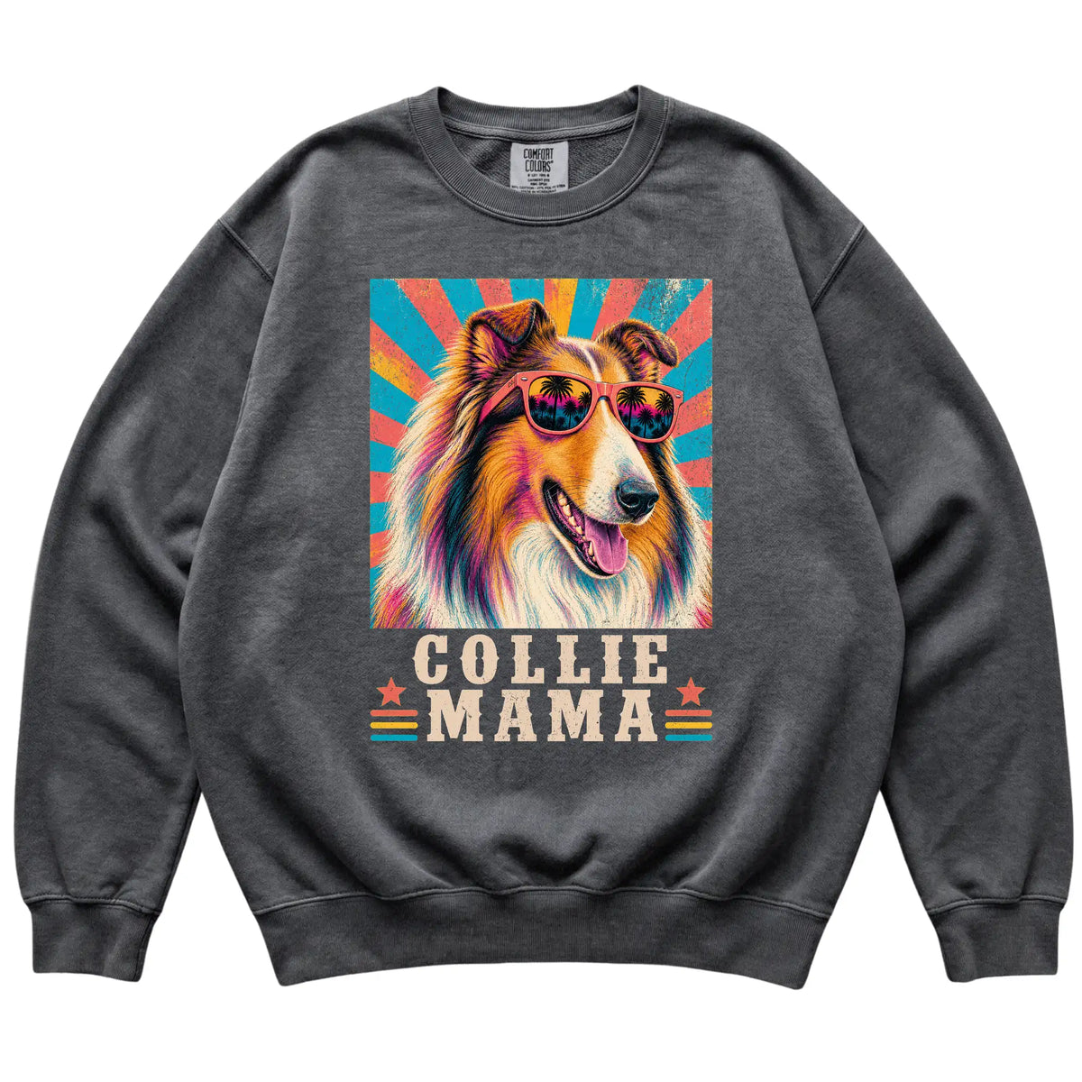Retro Collie Mama design on a Pepper Comfort Colors sweatshirt