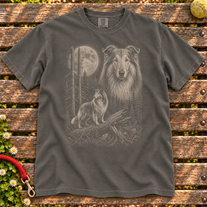 Collie Moonlit Forest design on a Pepper T-shirt shown flat