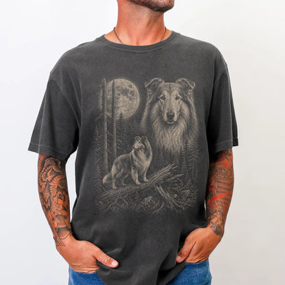 Man wearing a Pepper Collie Moonlit Forest T-Shirt