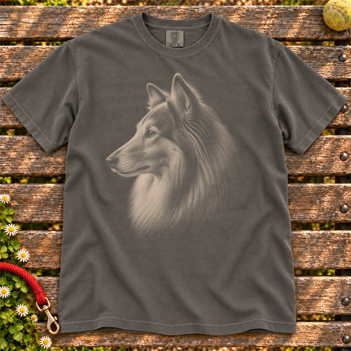 Collie Photo design on a Pepper Comfort Colors T-shirt, shown flat