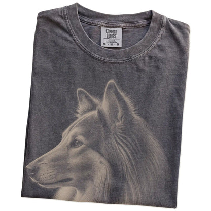 Folded Pepper Comfort Colors® T-shirt showing a detailed photographic portrait of a Collie