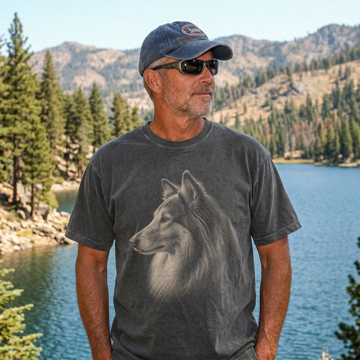 Model wearing a Pepper Comfort Colors® T-shirt with a detailed photographic portrait of a Collie