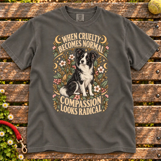 Compassion Looks Radical Border Collie design on a Pepper Comfort Colors T-shirt