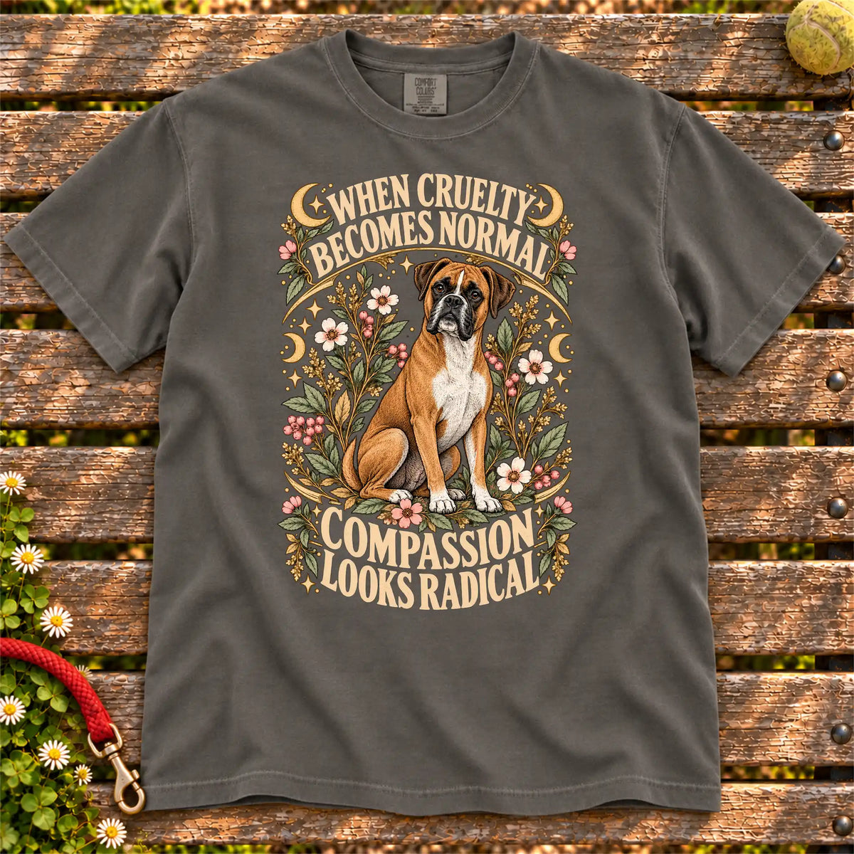Compassion Looks Radical Boxer design on a Pepper Comfort Colors T-shirt