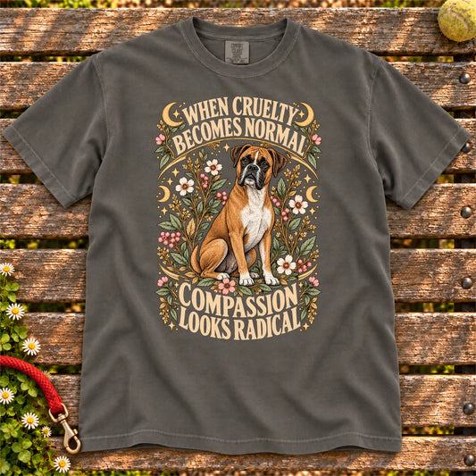 Compassion Looks Radical Boxer design on a Pepper Comfort Colors T-shirt