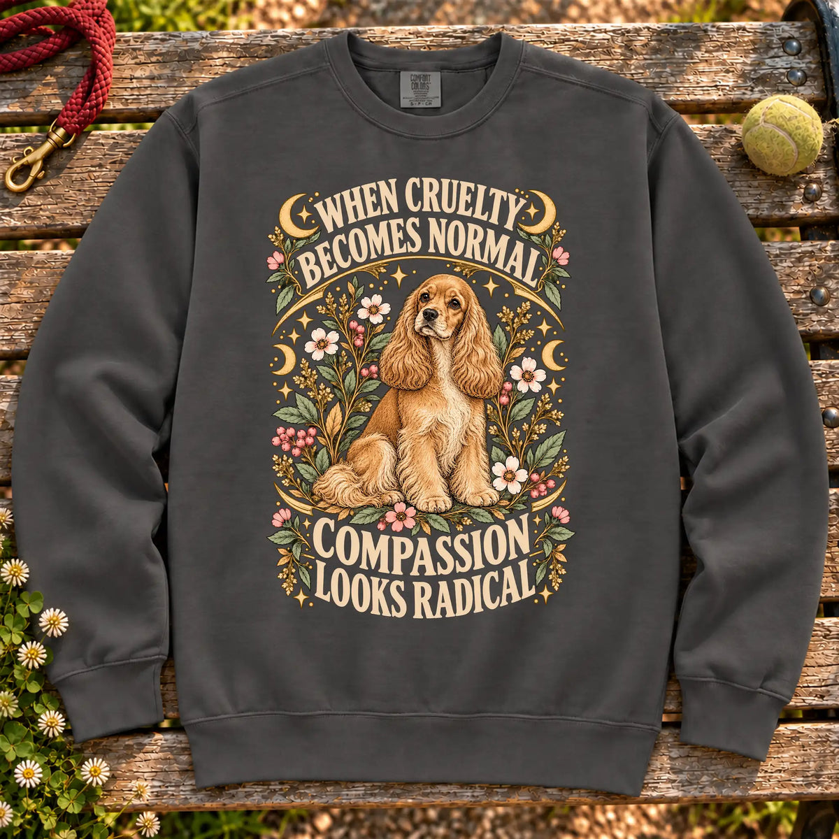 Compassion Looks Radical Cocker Spaniel design on a Pepper Comfort Colors sweatshirt