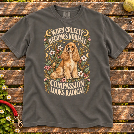 Compassion Looks Radical Cocker Spaniel design on a Pepper Comfort Colors T-shirt