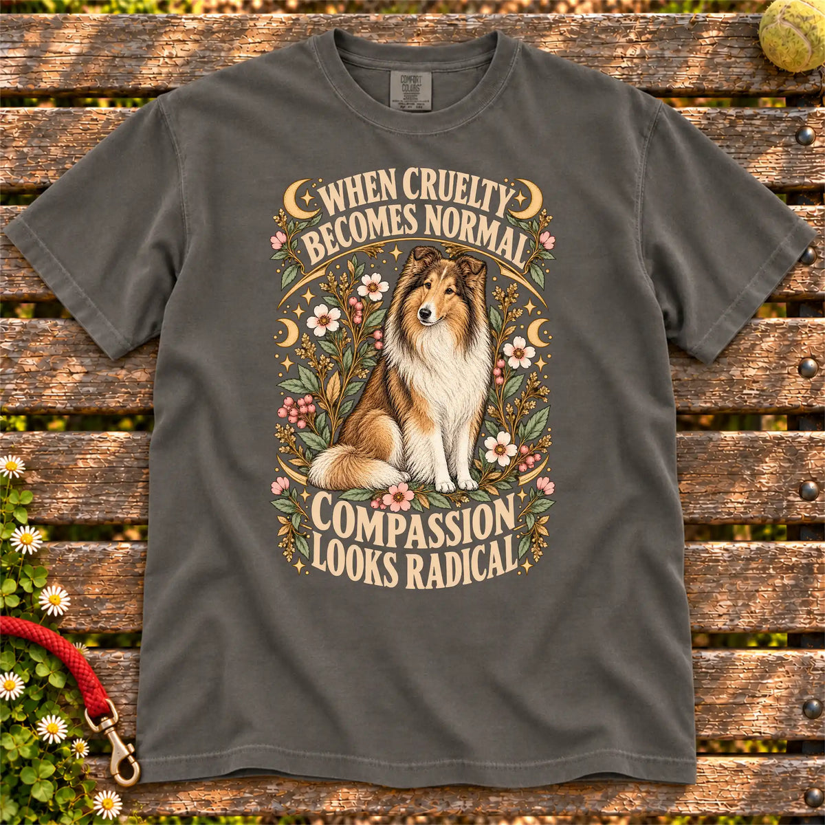Compassion Looks Radical Collie design on a Pepper Comfort Colors T-shirt
