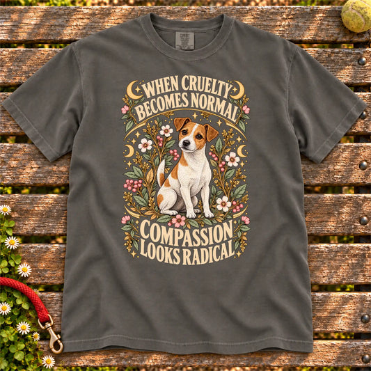 Compassion Looks Radical Jack Russell design on a Pepper Comfort Colors T-shirt