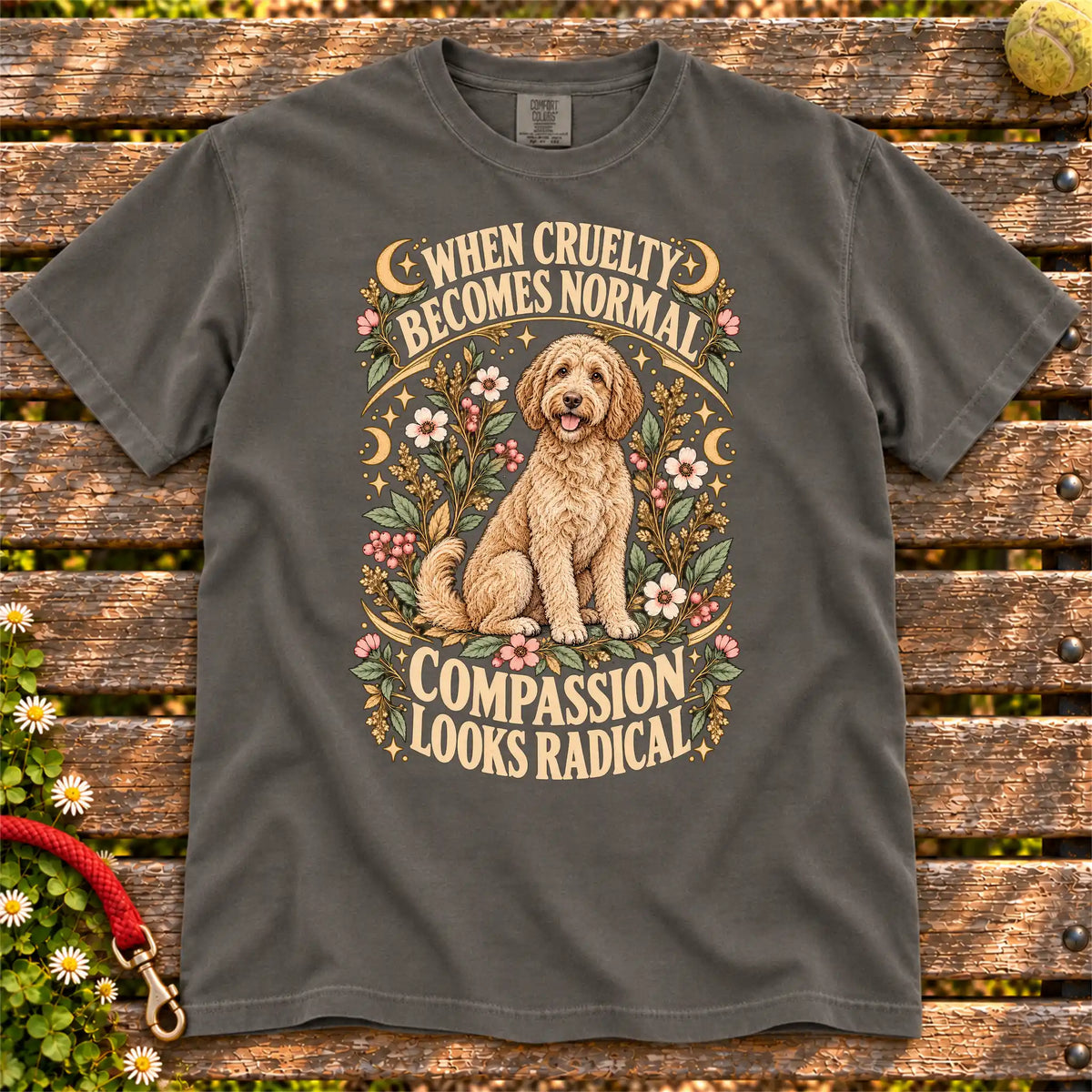 Compassion Looks Radical Labradoodle design on a Pepper Comfort Colors T-shirt