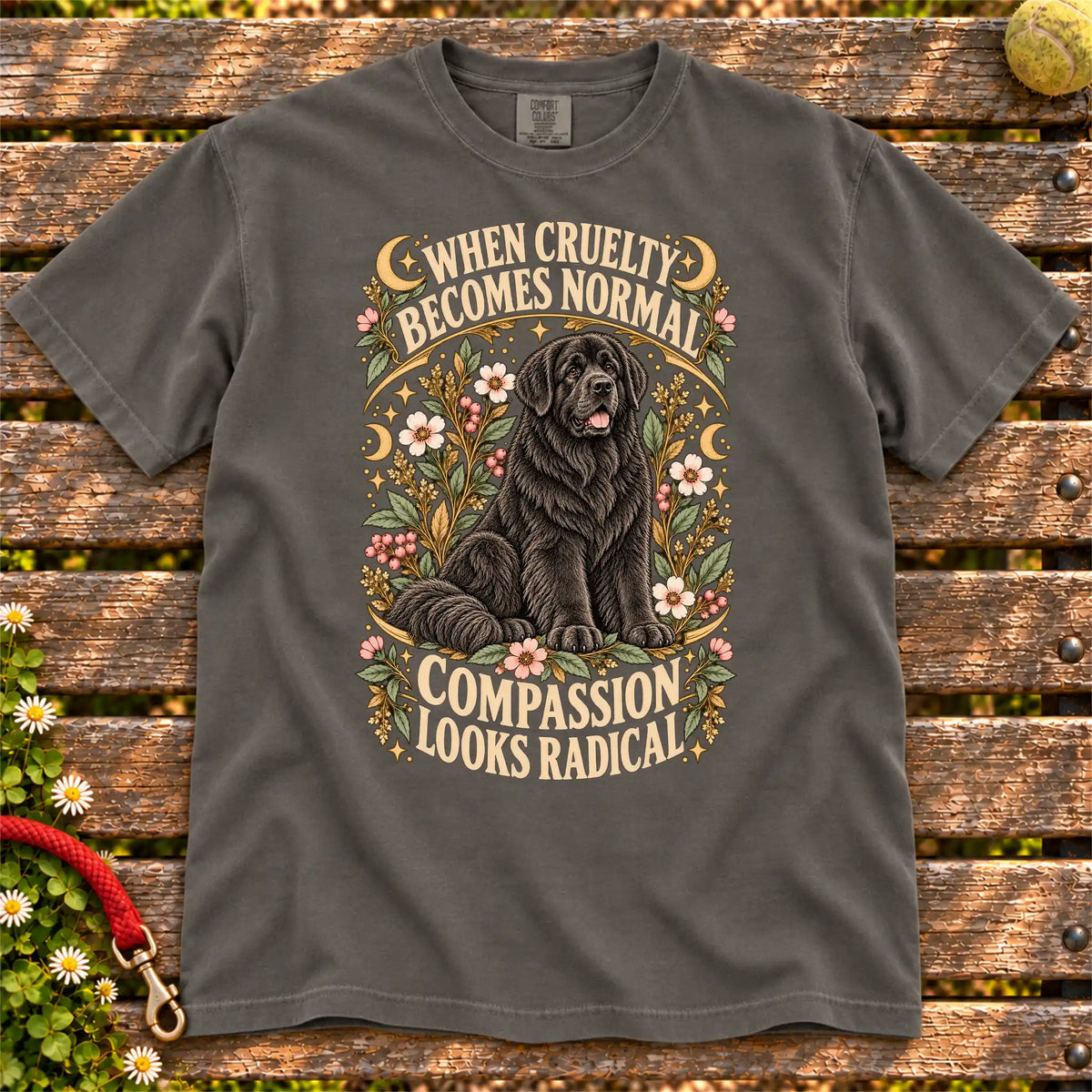 Compassion Looks Radical Newfie design on a Pepper Comfort Colors T-shirt