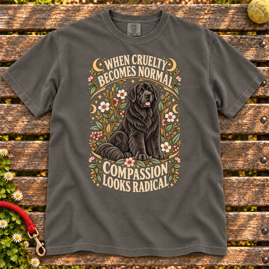 Compassion Looks Radical Newfie design on a Pepper Comfort Colors T-shirt