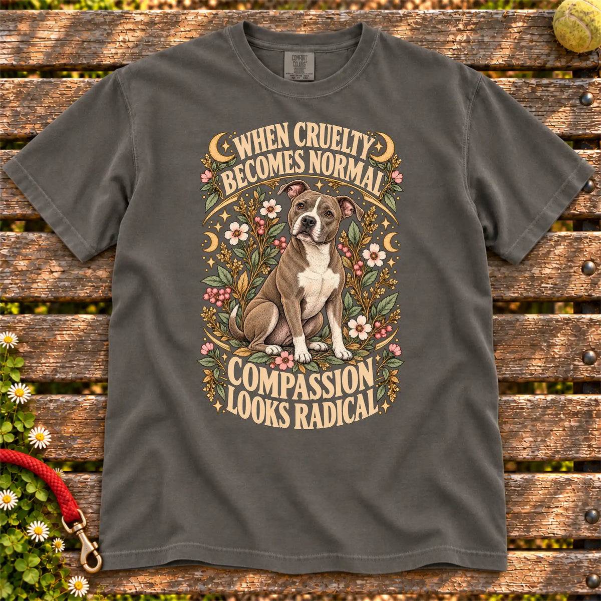 Compassion Looks Radical Pitbull design on a Pepper Comfort Colors T-shirt