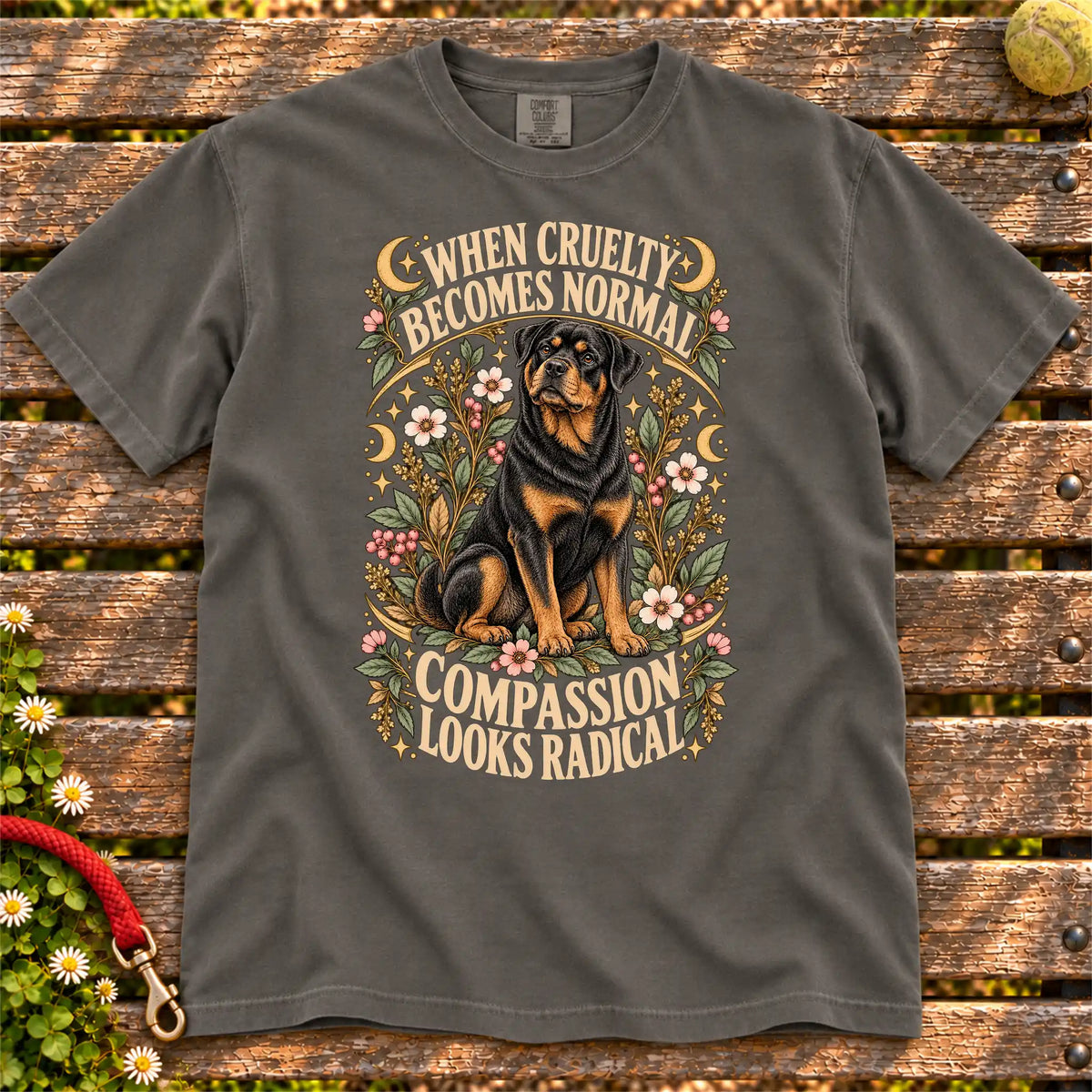 Compassion Looks Radical Rottweiler design on a Pepper Comfort Colors T-shirt