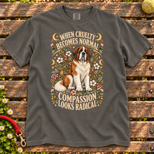 Compassion Looks Radical Saint Bernard design on a Pepper Comfort Colors T-shirt