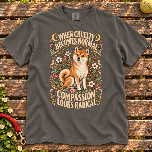 Compassion Looks Radical Shiba Inu design on a Pepper Comfort Colors T-shirt