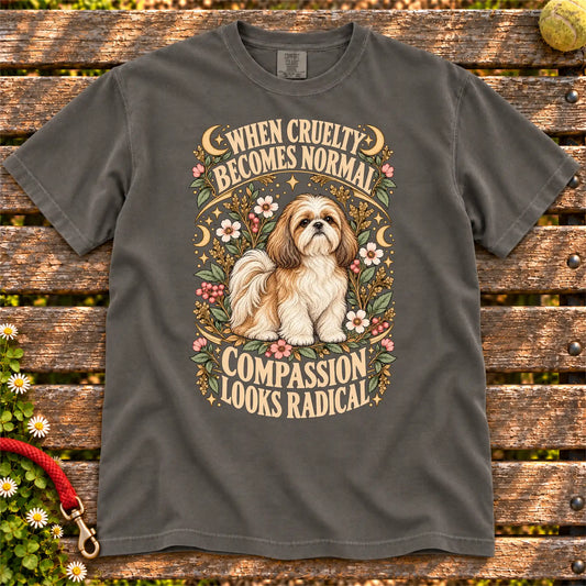 Compassion Looks Radical Shih Tzu design on a Pepper Comfort Colors T-shirt