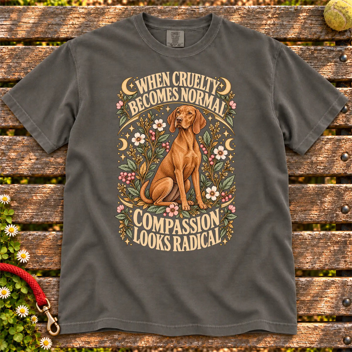 Compassion Looks Radical Vizsla design on a Pepper Comfort Colors T-shirt