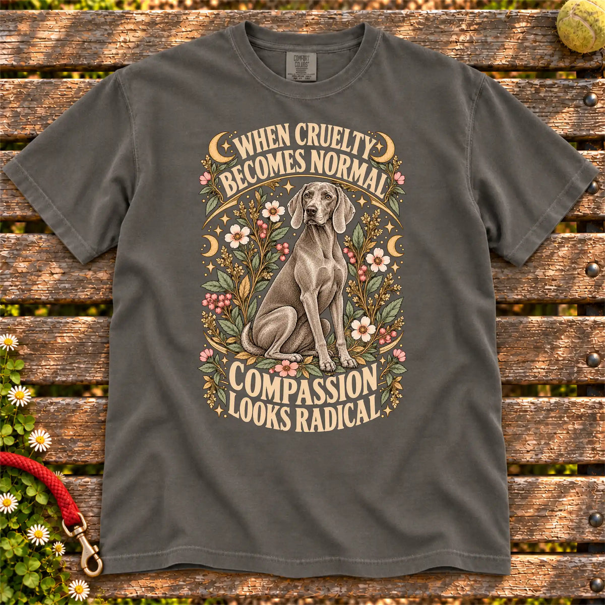 Compassion Looks Radical Weimaraner design on a Pepper Comfort Colors T-shirt
