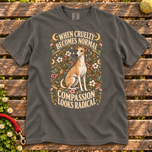 Compassion Looks Radical Whippet design on a Pepper Comfort Colors T-shirt