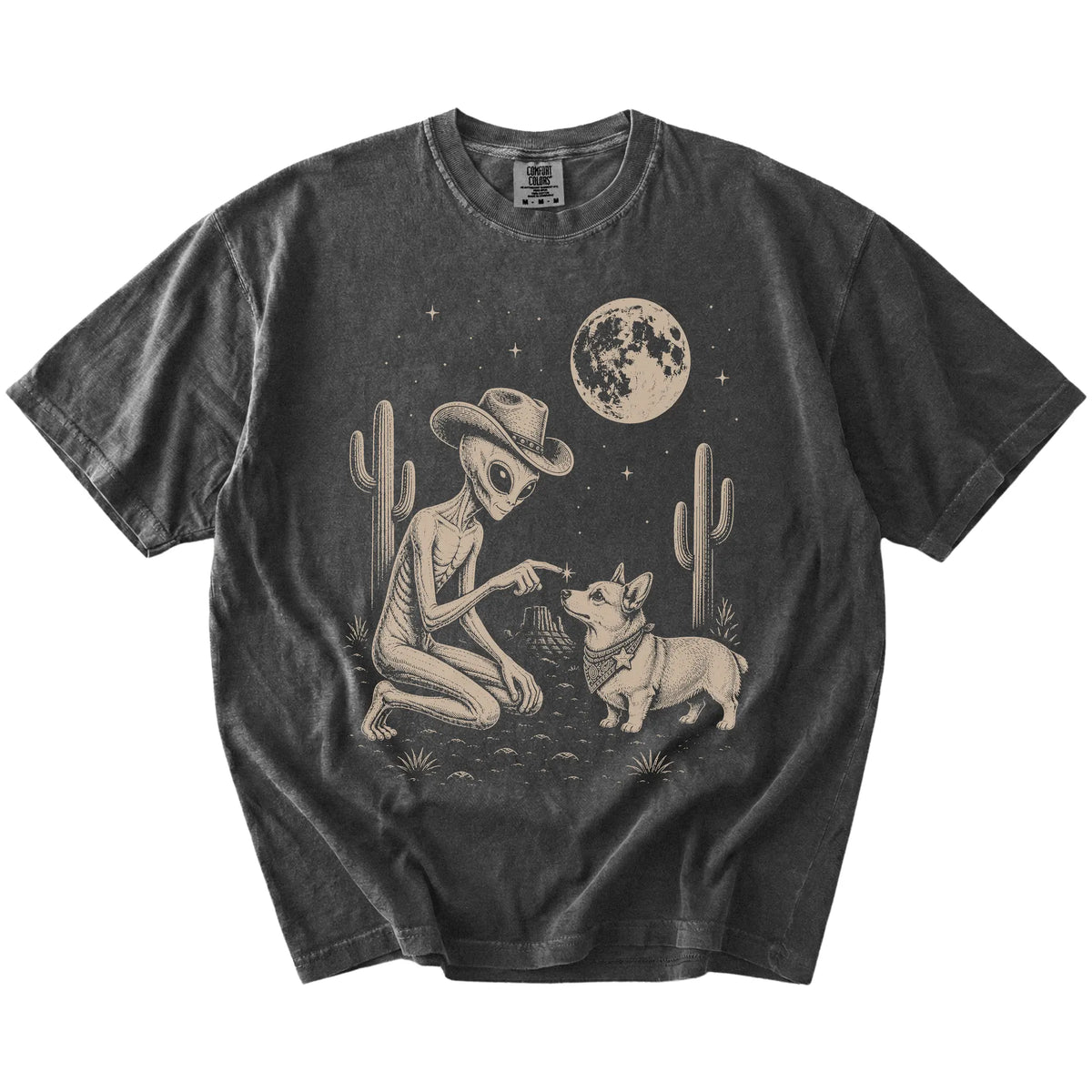 Cowboy alien fist-bumping a Corgi beneath the moon on a Pepper Comfort Colors® T-shirt