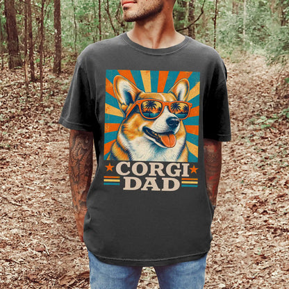 Retro Corgi Dad design on a Pepper Comfort Colors T-shirt worn by a model