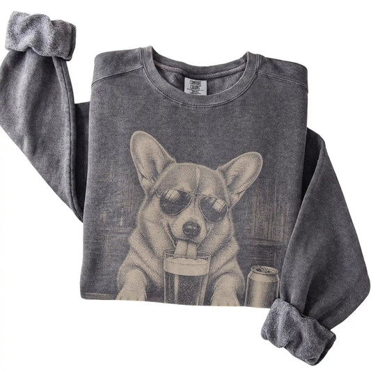Pepper Corgi drinking from a pint at a bar, folded detail view