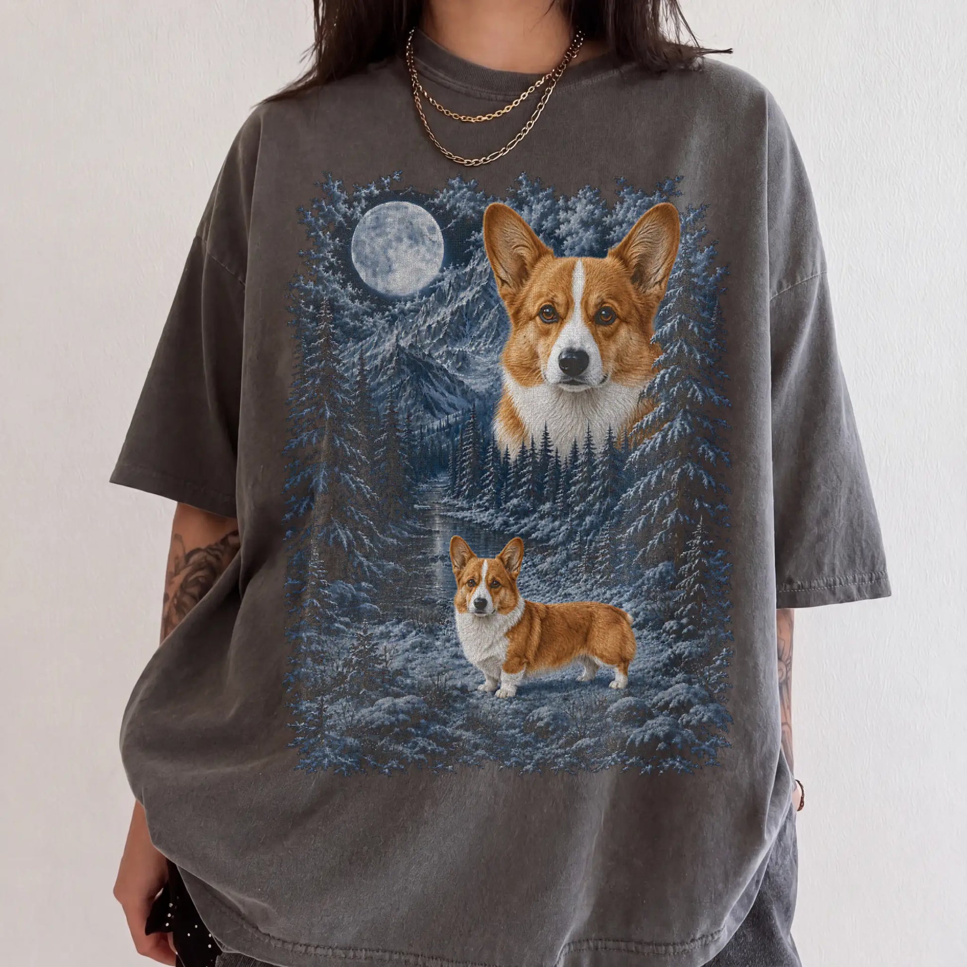 Person wearing a Pepper Corgi winter forest t-shirt