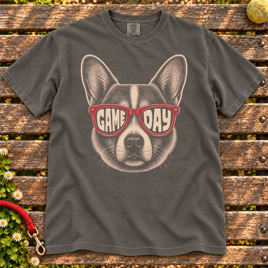 Corgi Game Day design on a Pepper Comfort Colors T-shirt, shown flat