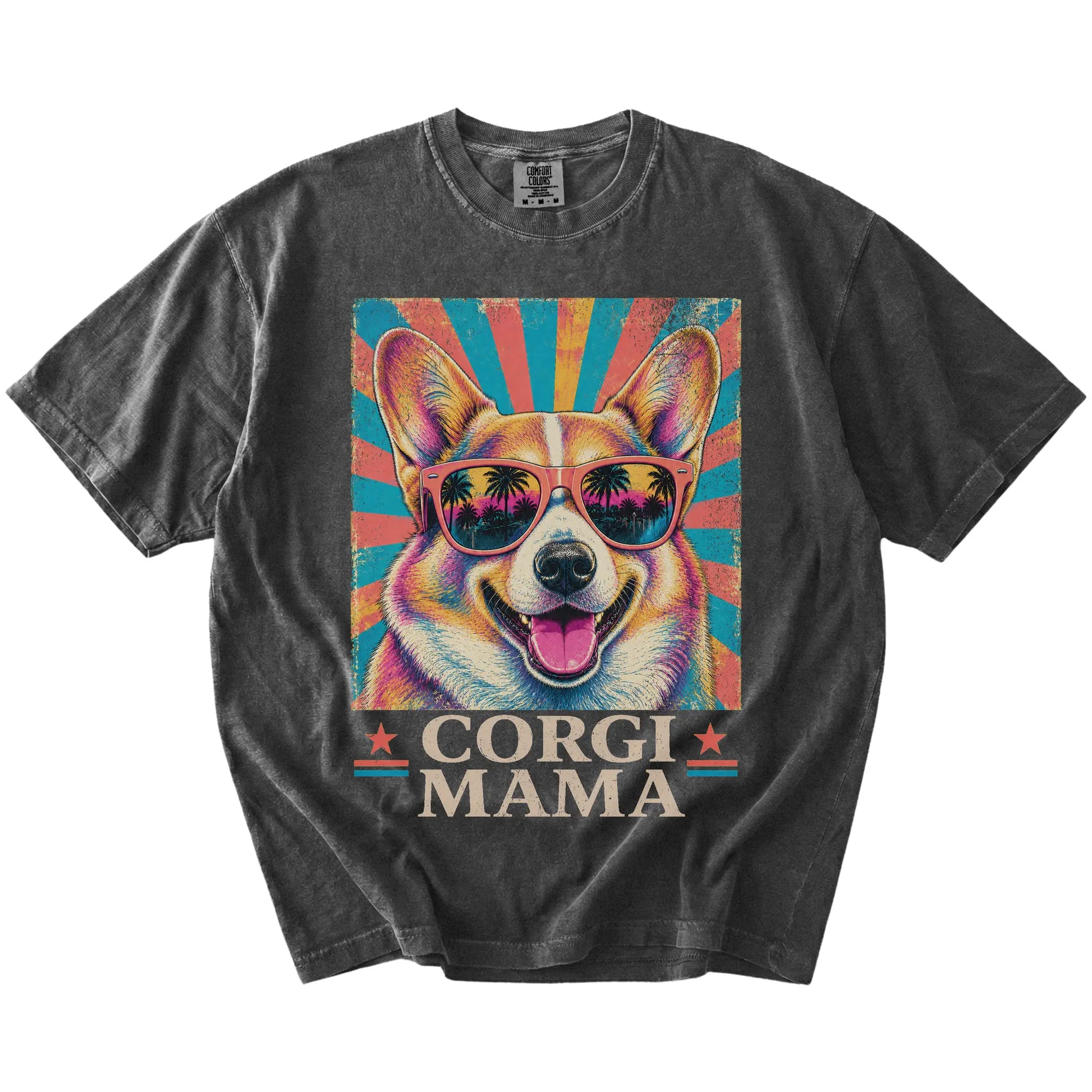 Retro Corgi Mama design on a Pepper Comfort Colors T-shirt
