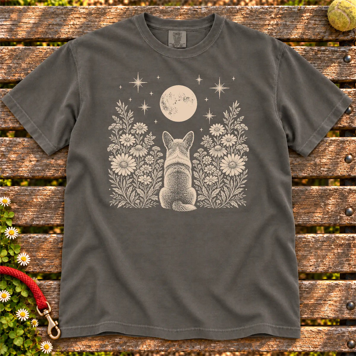 Corgi Moon Garden on a Pepper T-shirt, shown flat
