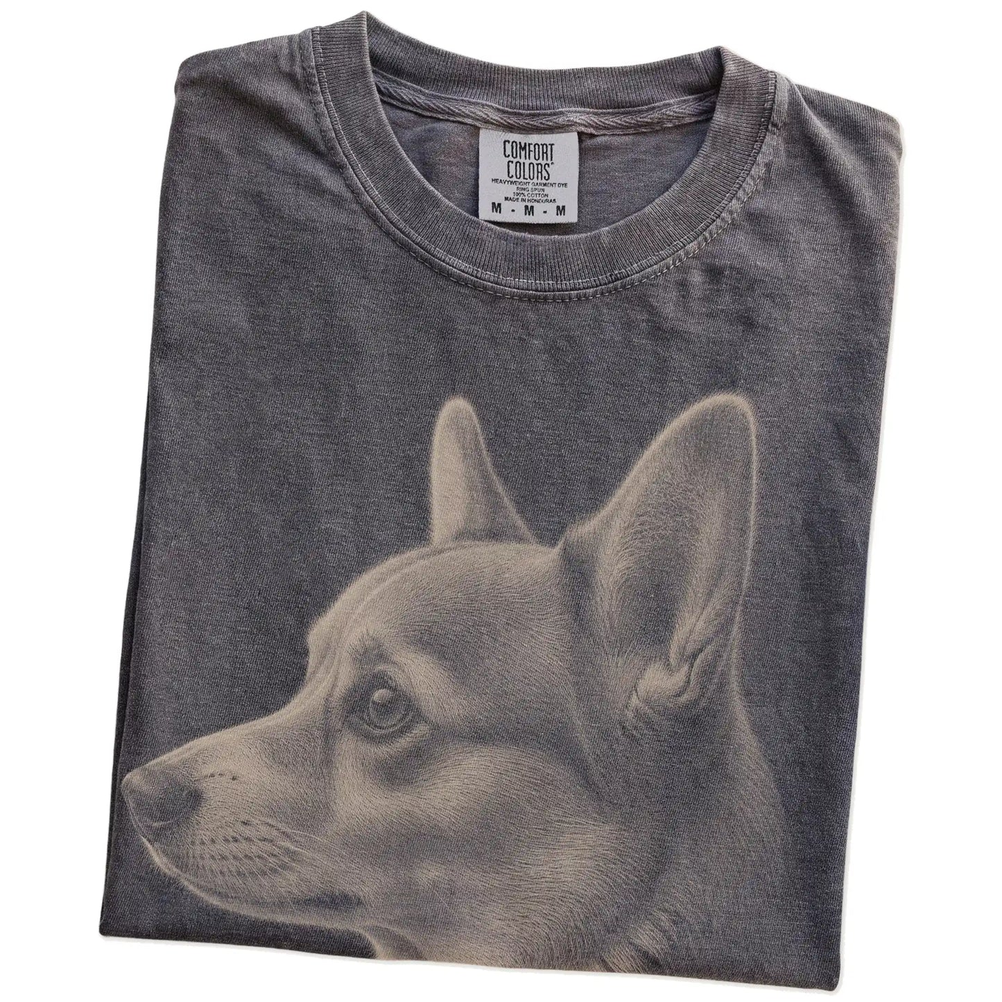 Folded Pepper Comfort Colors® T-shirt showing a detailed photographic portrait of a Corgi