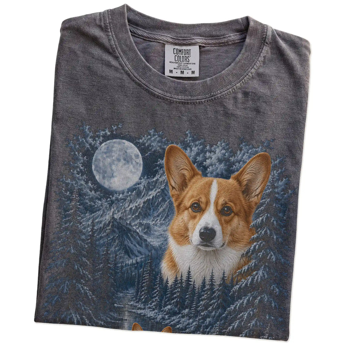 Folded pepper T-shirt with Corgi Winter Moon artwork.