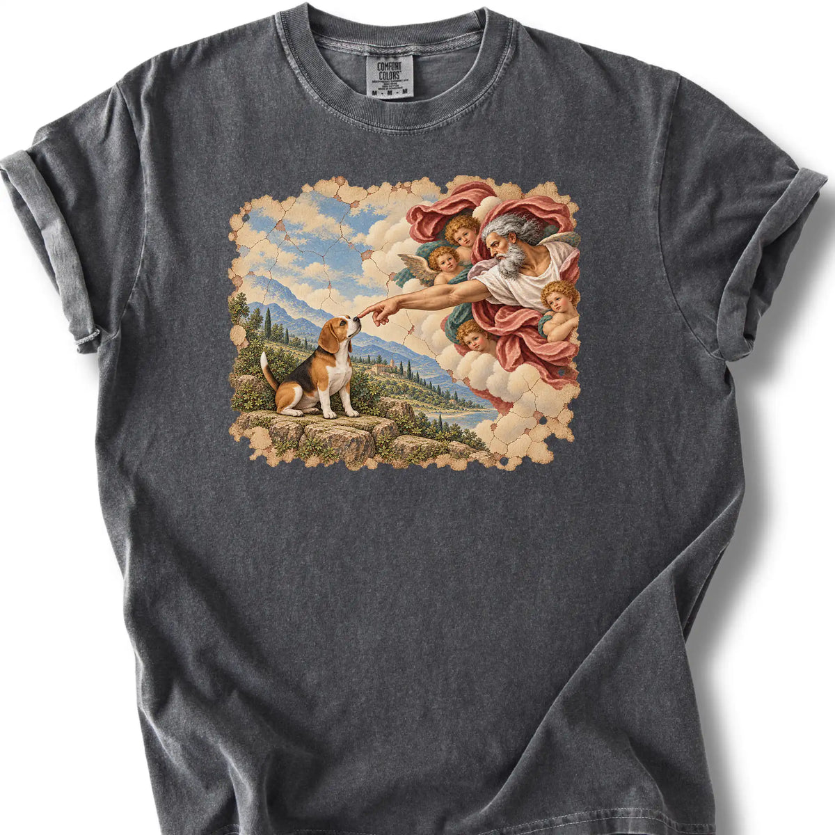 Beagle Creation of Adam design on a pepper T-shirt