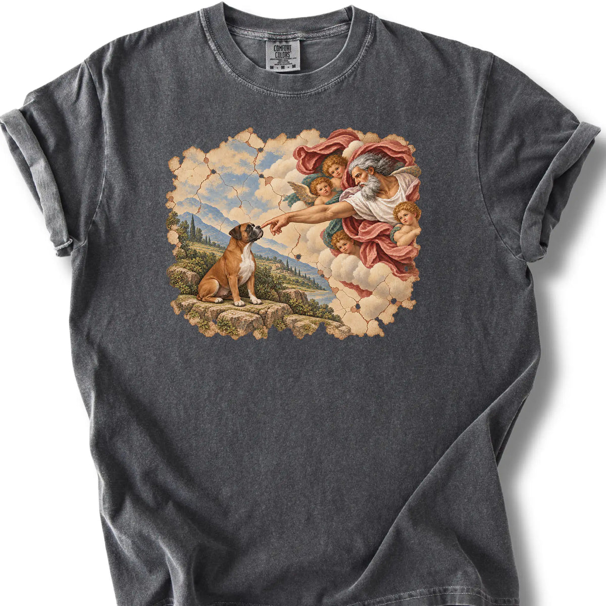 Boxer Creation of Adam design on a pepper T-shirt