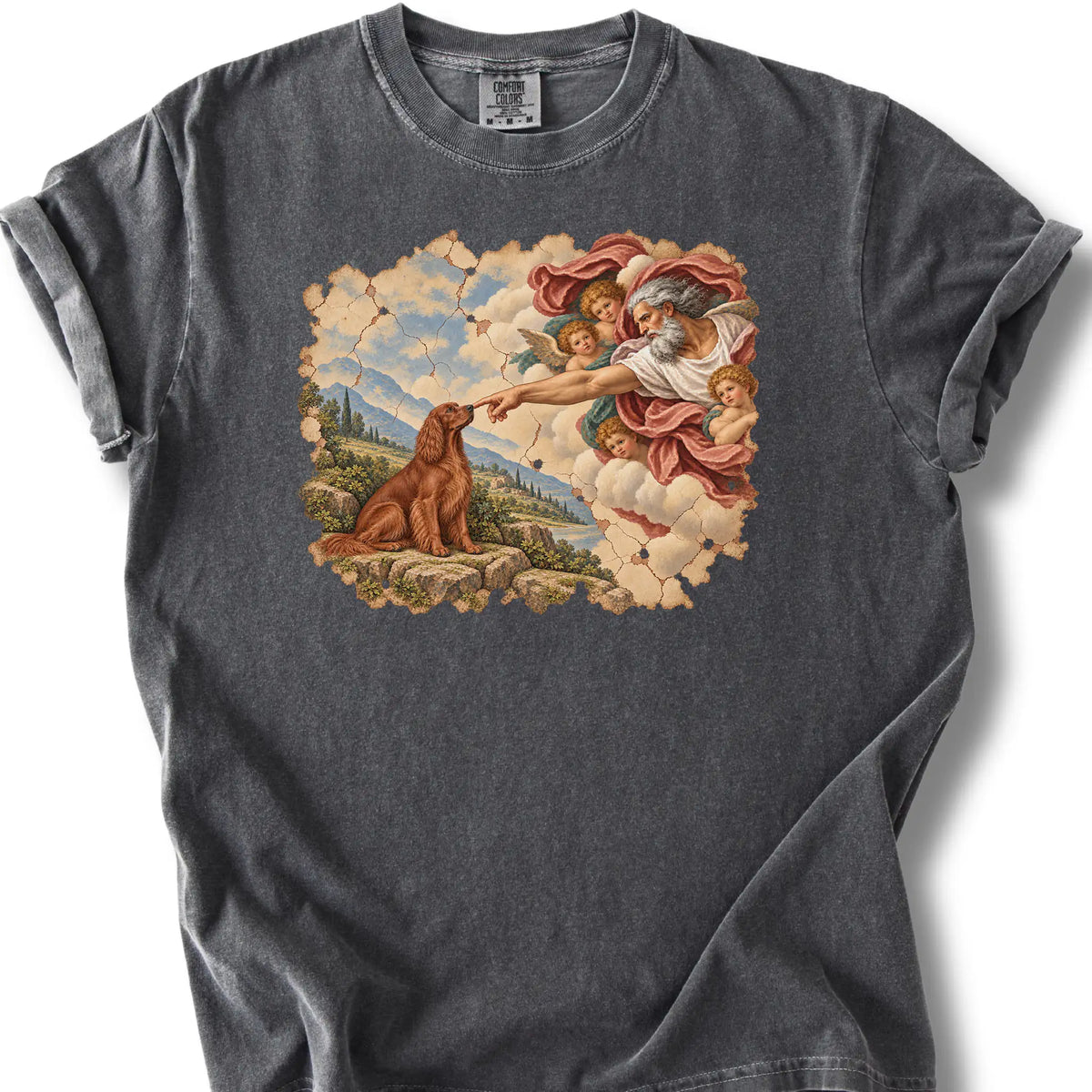 Irish Setter Creation of Adam design on a pepper T-shirt