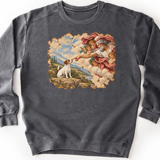 Jack Russell Creation of Adam design on a pepper sweatshirt