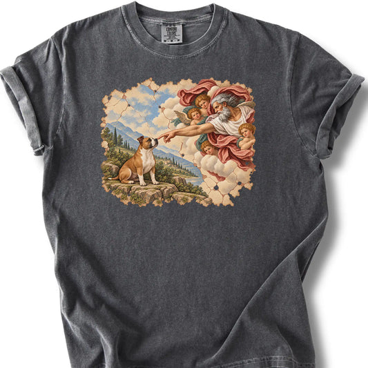 Pitbull Creation of Adam design on a pepper T-shirt
