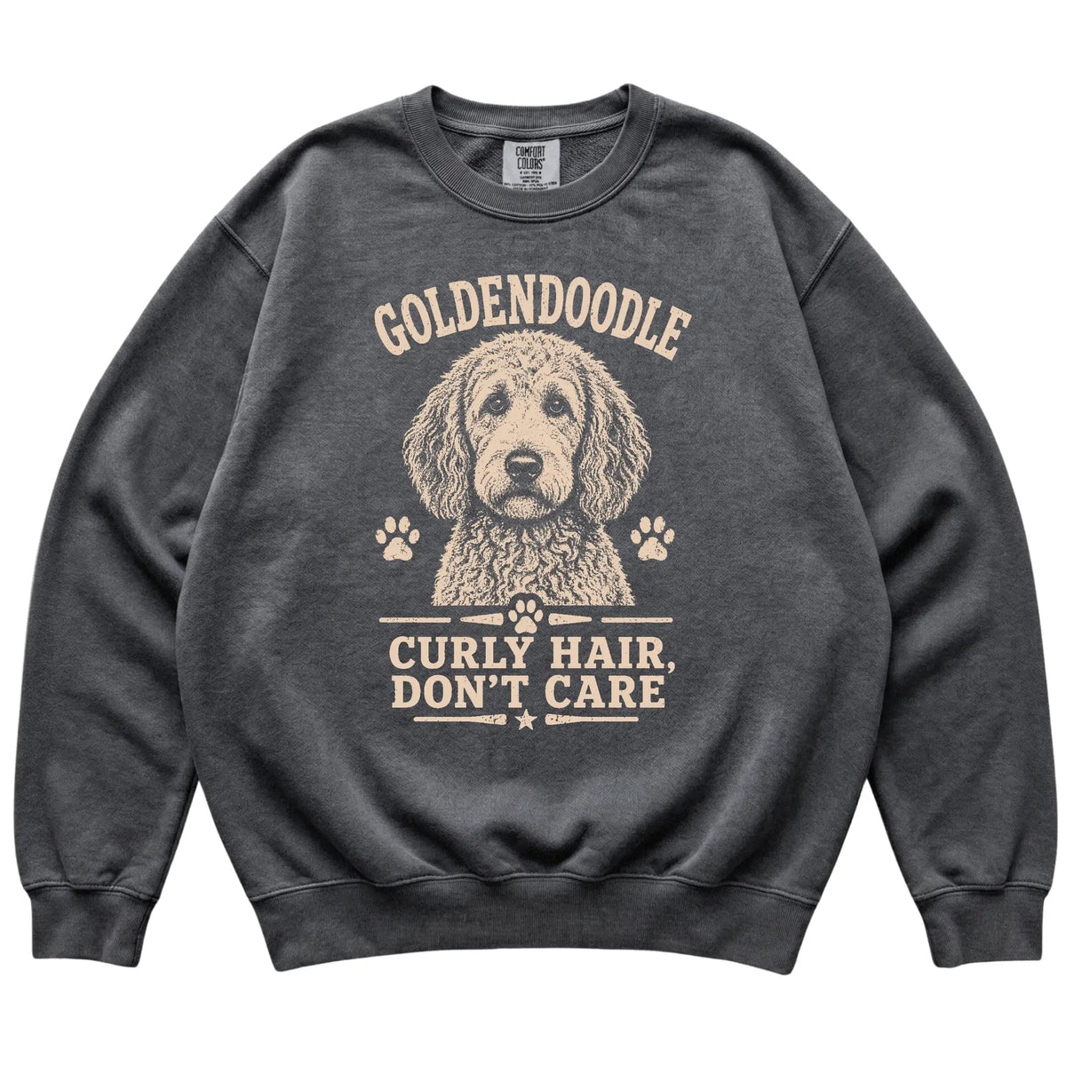 Pepper Comfort Colors® sweatshirt featuring Curly Hair, Don't Care - Goldendoodle, laid-flat presentation