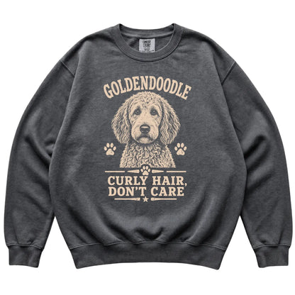 Pepper Comfort Colors® sweatshirt featuring Curly Hair, Don't Care - Goldendoodle, laid-flat presentation