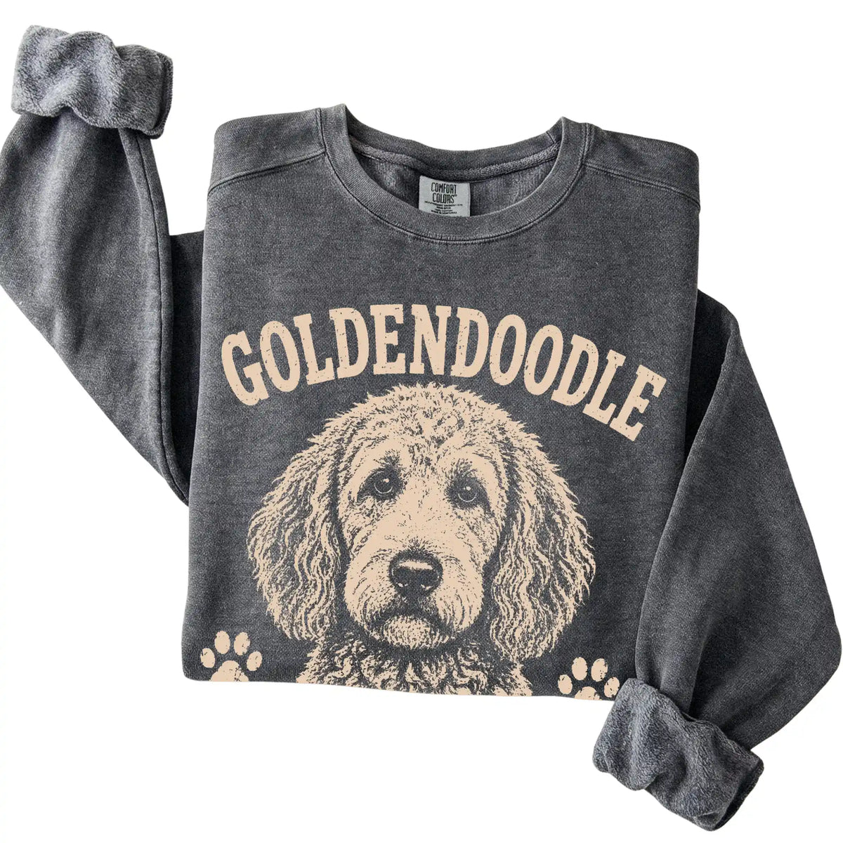 Pepper Comfort Colors® sweatshirt featuring Curly Hair, Don't Care - Goldendoodle, folded presentation