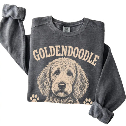 Pepper Comfort Colors® sweatshirt featuring Curly Hair, Don't Care - Goldendoodle, folded presentation