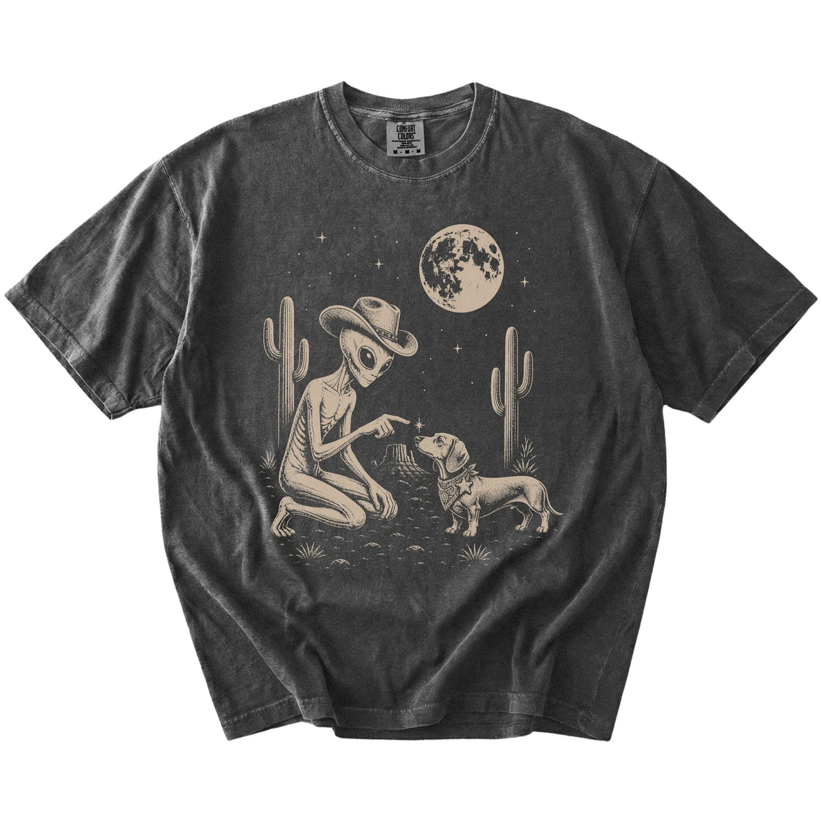 Cowboy alien fist-bumping a Dachshund beneath the moon on a Pepper Comfort Colors® T-shirt