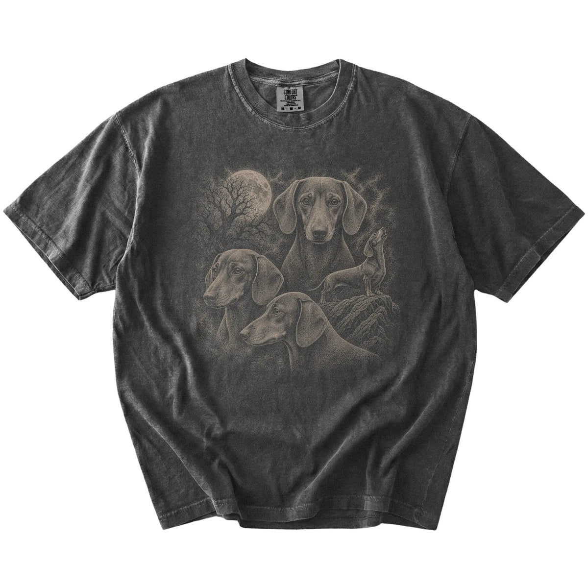 Vintage moon montage featuring Dachshund on a Pepper Comfort Colors® T-shirt