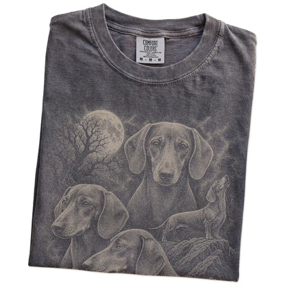 Folded Pepper Comfort Colors® T-shirt showing a vintage moon montage featuring Dachshund
