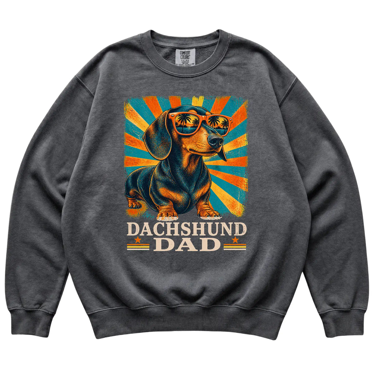 Pepper Comfort Colors sweatshirt featuring retro Dachshund Dad artwork — full front