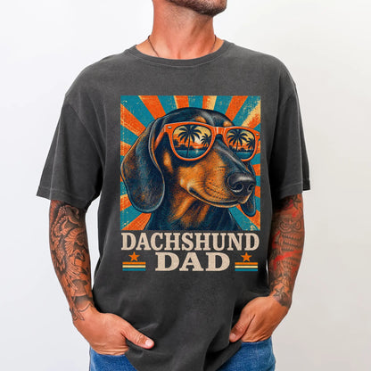 Retro Dachshund Dad design on a Pepper Comfort Colors T-shirt worn by a model