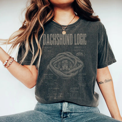 Woman wearing a Pepper Dachshund Logic T-Shirt