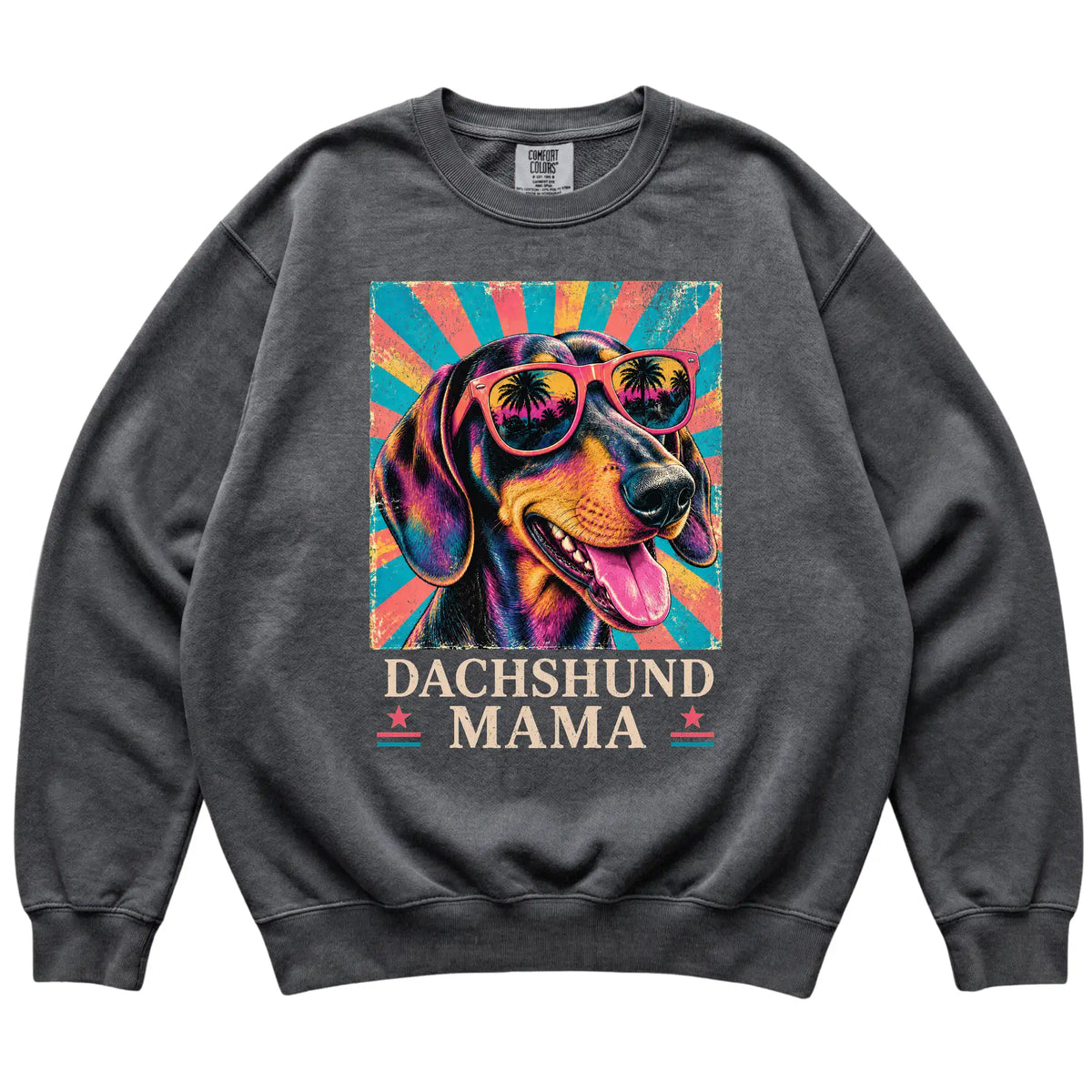Retro Dachshund Mama design on a Pepper Comfort Colors sweatshirt